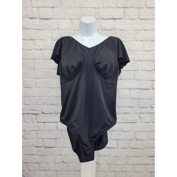 12R BLACK A392811 Denim & Co. Beach Draped Ruffle Sleece One-Piece - Picture 1 of 2